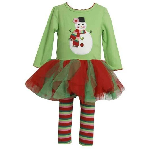 Bonnie Jean Collection : Girl's Wavy Green Snowman Tutu Legging Set