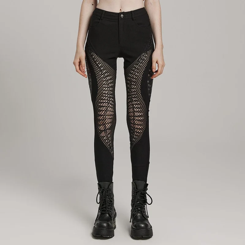 Punk Mesh Cutout Eyelet Byxor för kvinnor