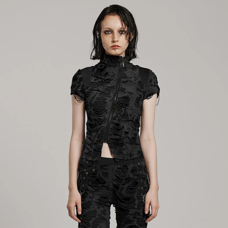 Dam Punk Ripped Distressed Kortärmad Skjorta Svart