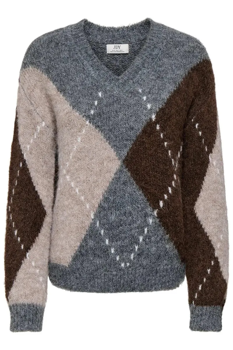 JDY - Jdyzoey L/S V-Neck Argyle Pullover Knt - 5122982 Medium Grey Melange Chateau Gray/Chocolate Brown Argyle