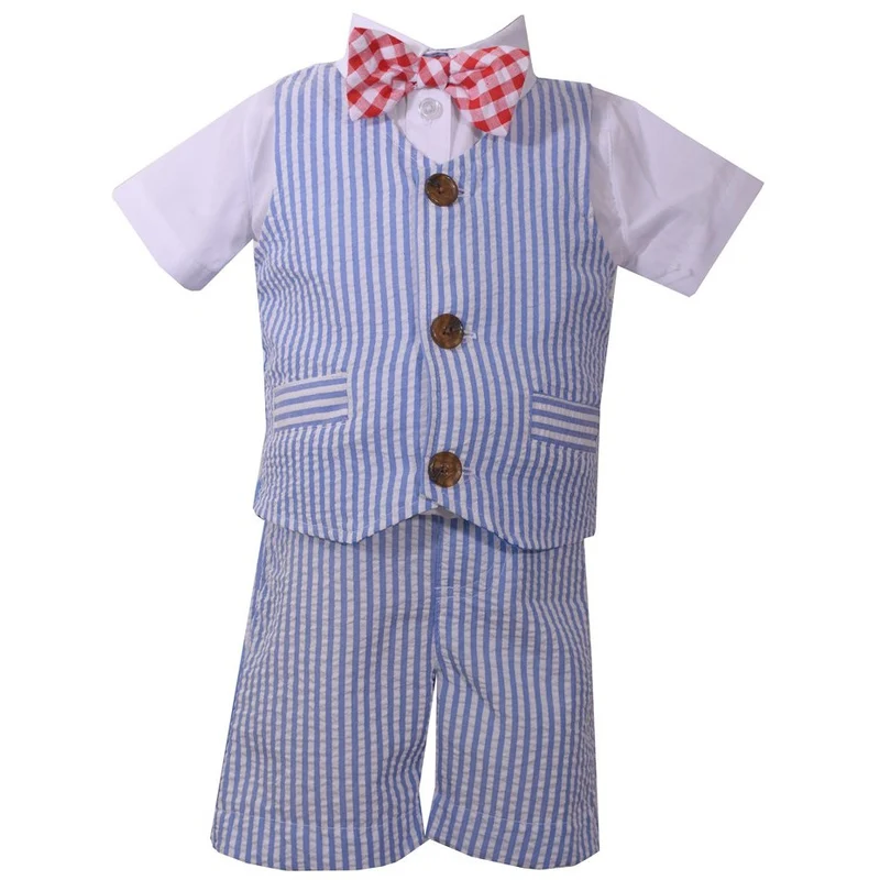 Boys Suit with Shirt and Bow Tie Seersucker Vest Set