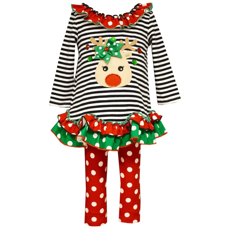 Bonnie Jean Girls Black Stripe Reindeer Legging Set