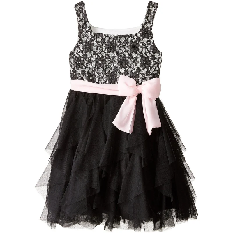 Bonnie Jean Big Girl's Black Cascade Dress Pink Bow 7 - 16