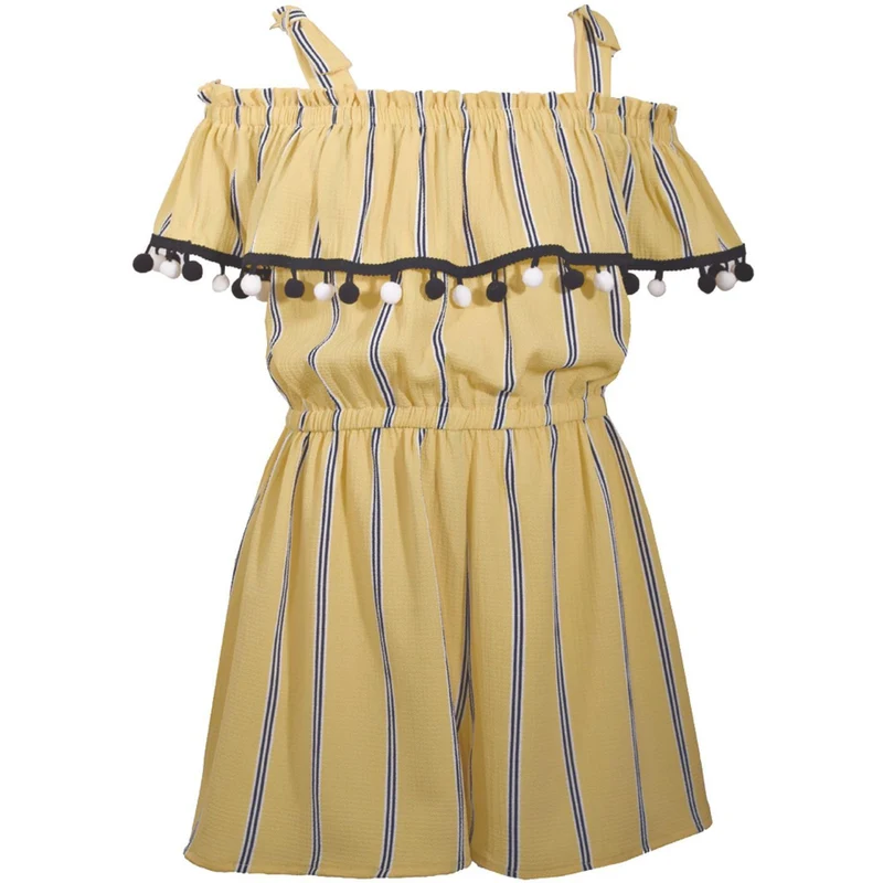 Girls 7 - 12 Romper Yellow Pom Pie Tie Shoulder