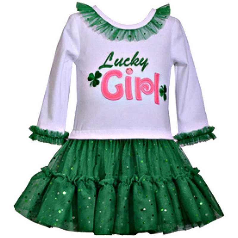 Newborn Baby Girls Green Lucky Girl St Patty Shirt And Skirt Set