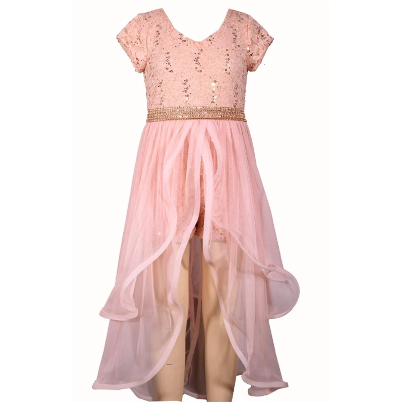 Girls 7 - 16 Romper Dress with Blush and Lace Overlay