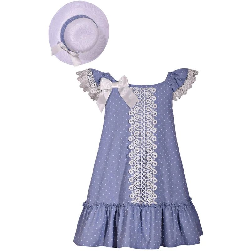 Bonnie Jean Girls Easter Dress with Easter Hat : Blue Flounce