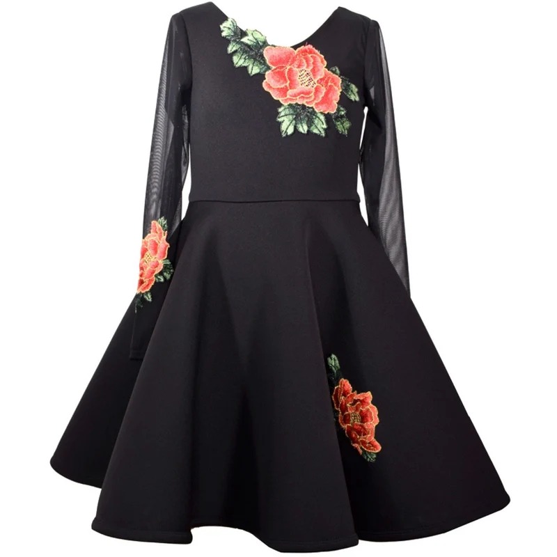 Bonnie Jean Girls Black Large Floral Scuba Dress