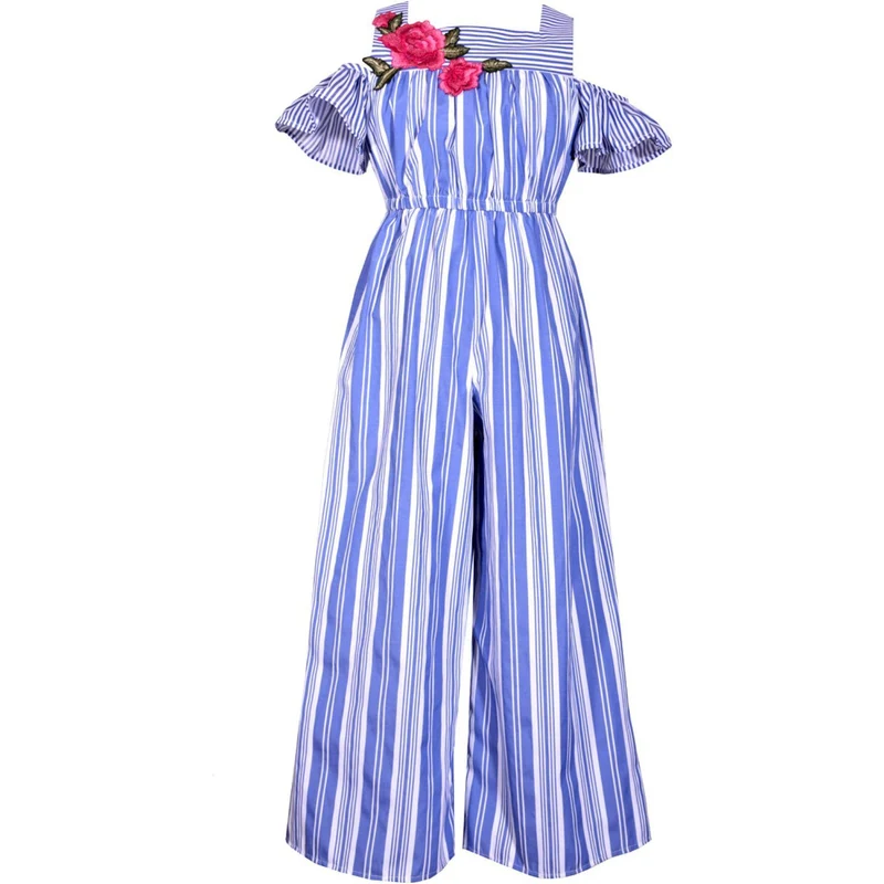 Girls Blue Stripe Cold Shoulder Jumpsuit 4 - 16