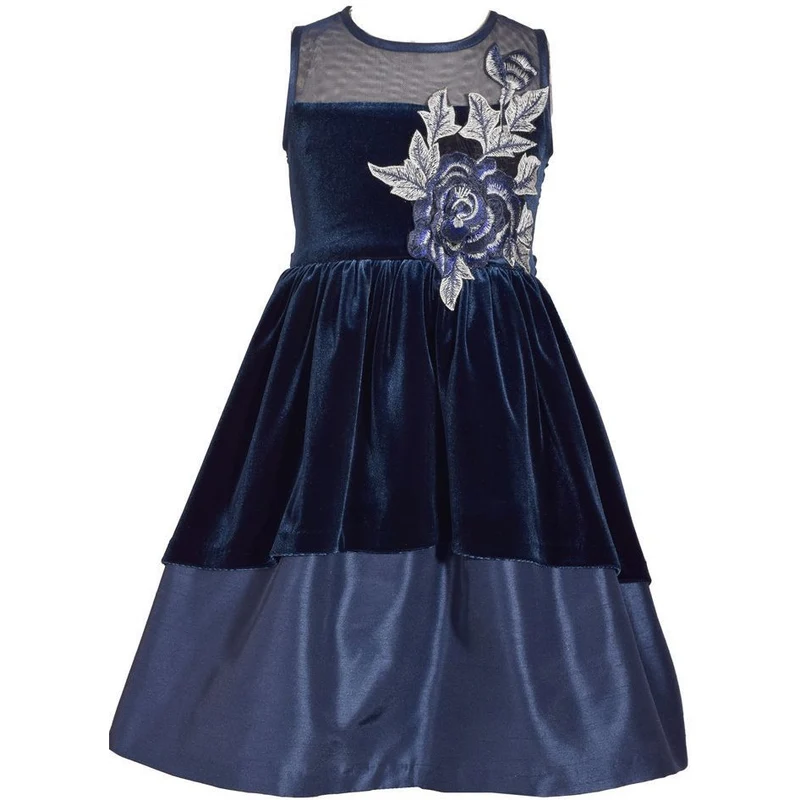 Beautiful Girls Dress Navy Velour Illusion Dress 7 -16