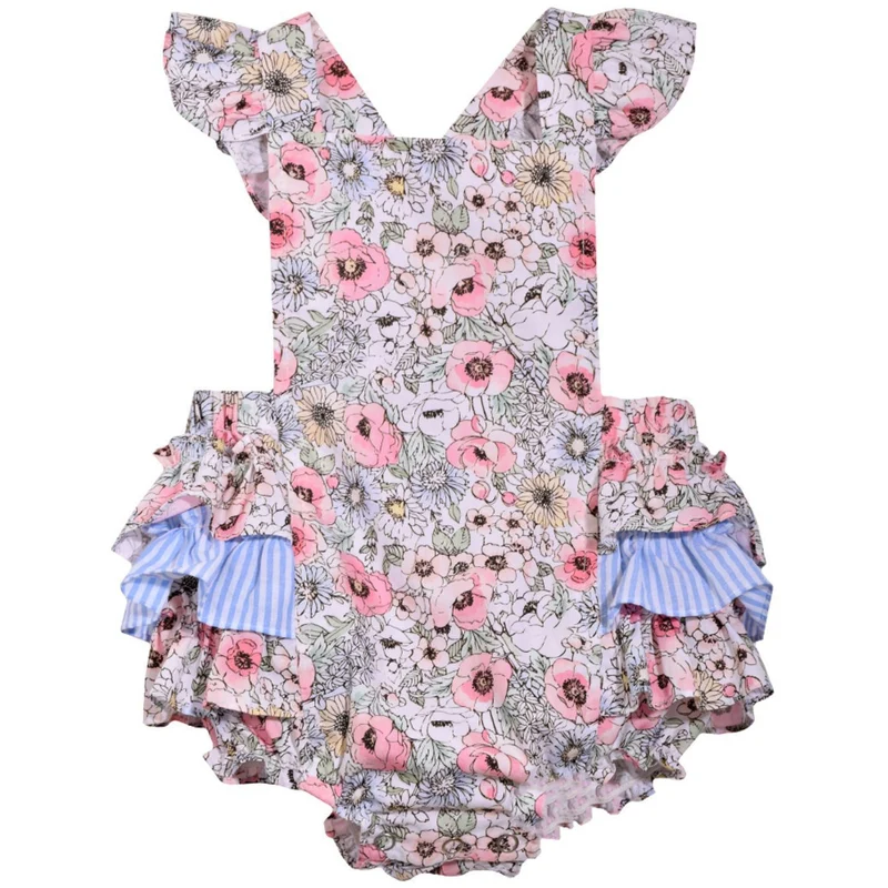 Baby Girls Vintage Style Floral Ruffle Sun Bubble Romper