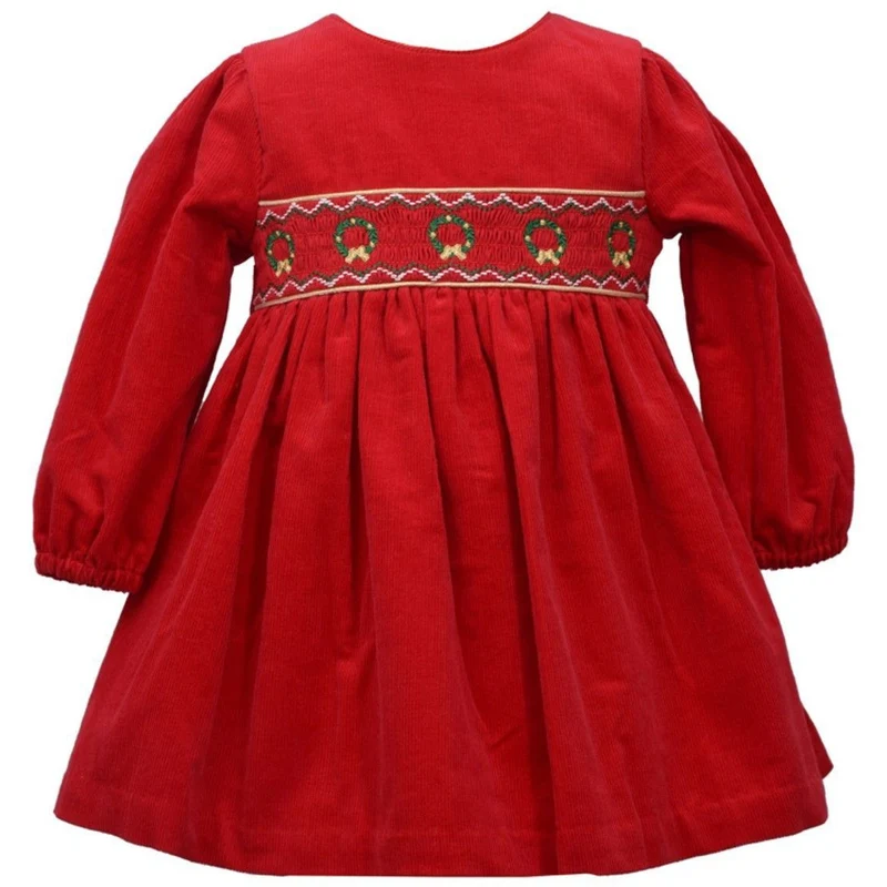 Girls Christmas Dress Smocked Wreaths