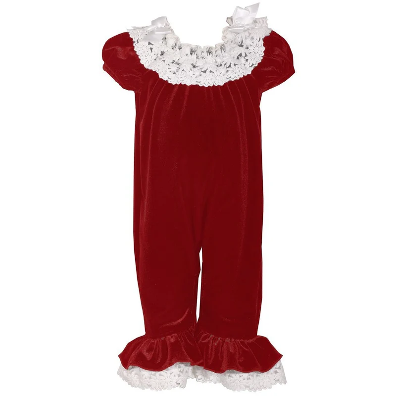 Baby Girls Holiday Christmas Red Velour Lace Collar Romper