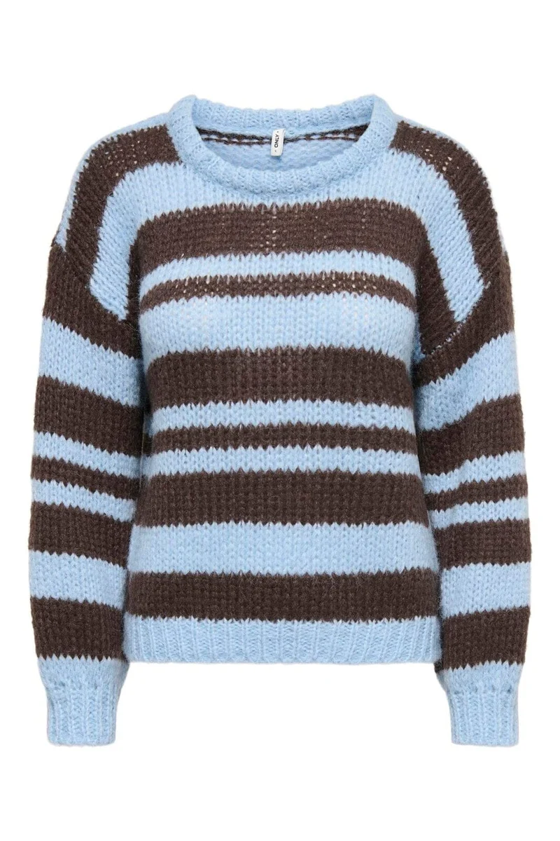 Only - Onlnordic Ls Stripe O-Neck Knt - 5089524 Dusty Blue Block/Coffee Bean