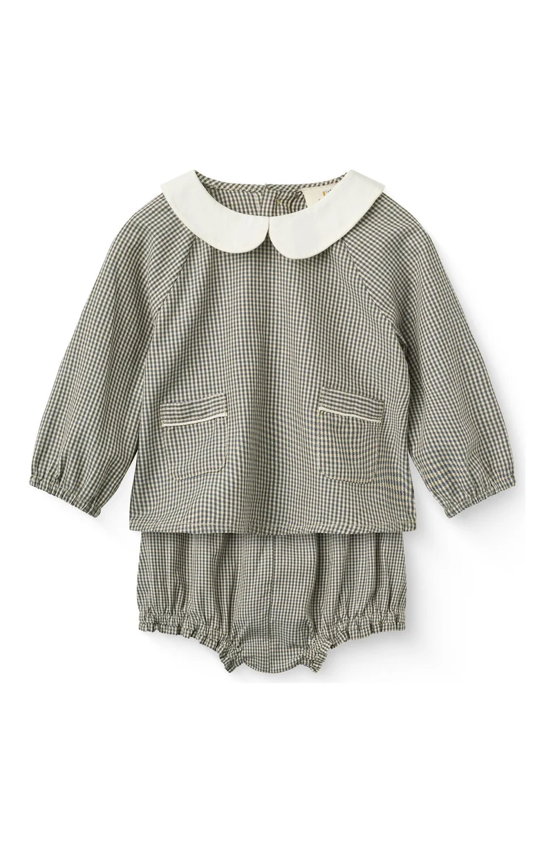Checkered Baby Set w. Blouse & Bloomers - Brown/Sky Check