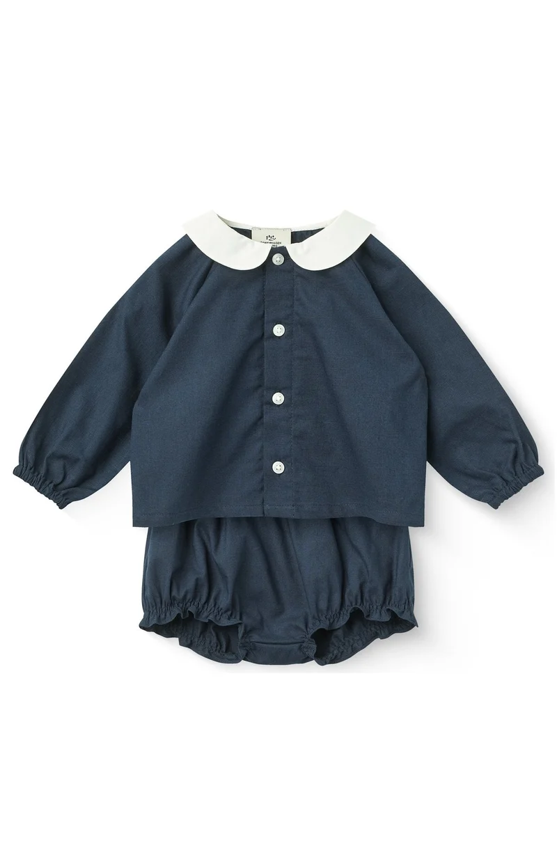 Baby Set w. Bloomers & Placket Blouse - Navy