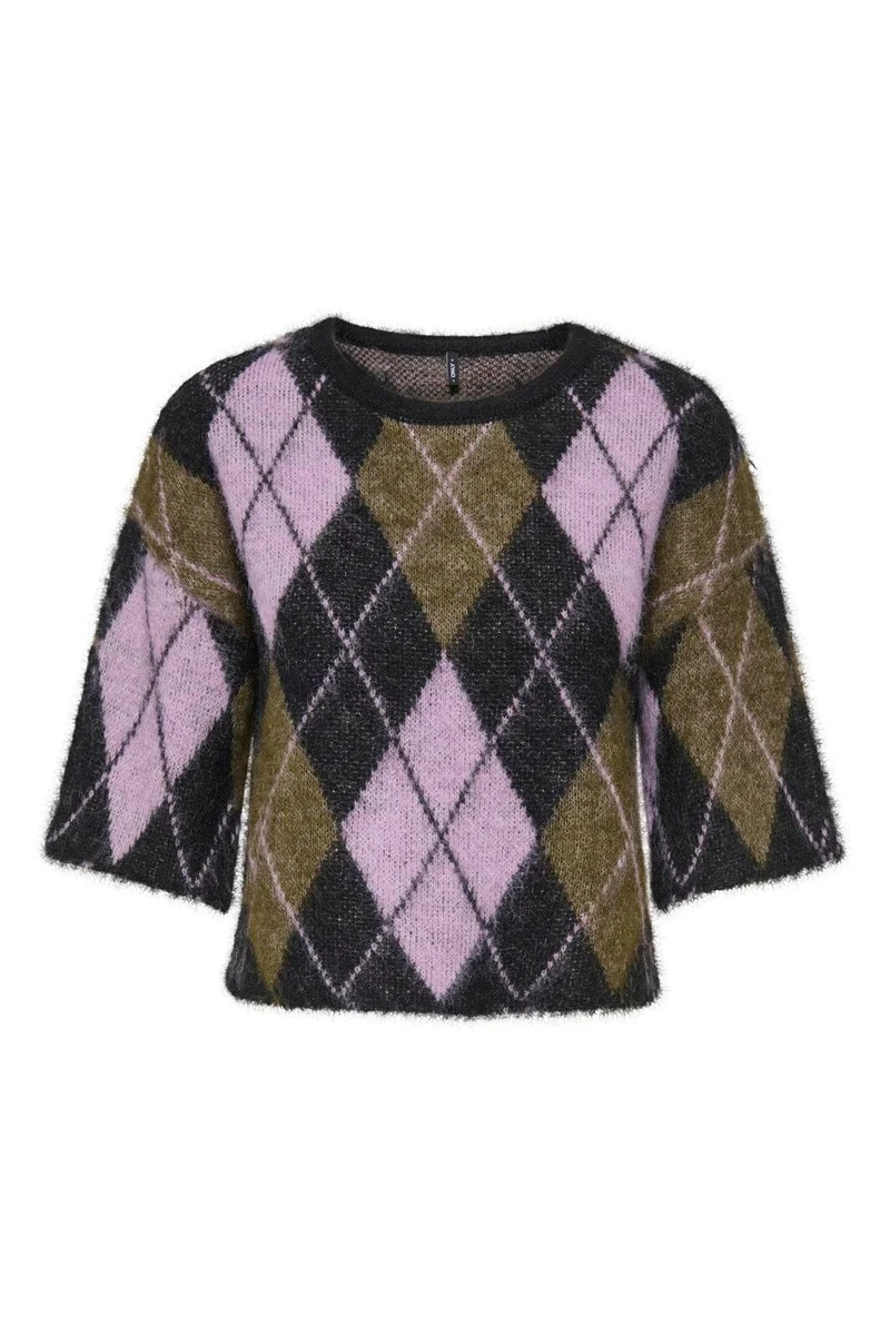 Only - Onlnoeme Ss Pattern O-Neck Knt - 5107919 Black Argyle/Beech/Violet Tulle/Mel
