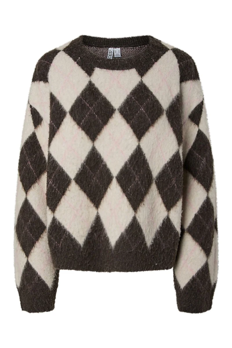 Pieces - Pcalva Ls Loose O-Neck Check Knit - 5137200 Hot Fudge W. Birch + Sea Pink