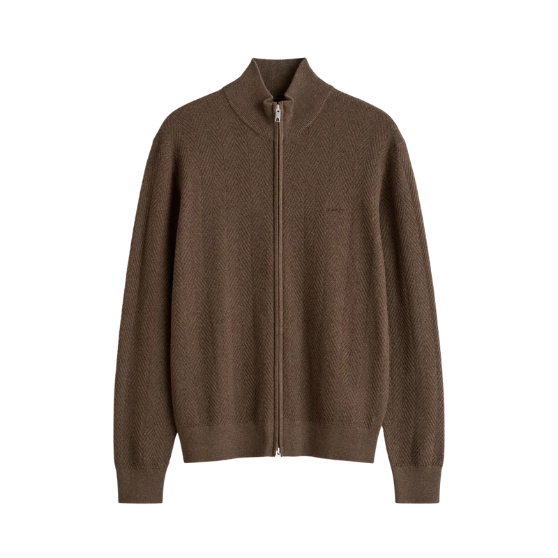 Herringbone Texture Zip Cardigan - Brown Melange