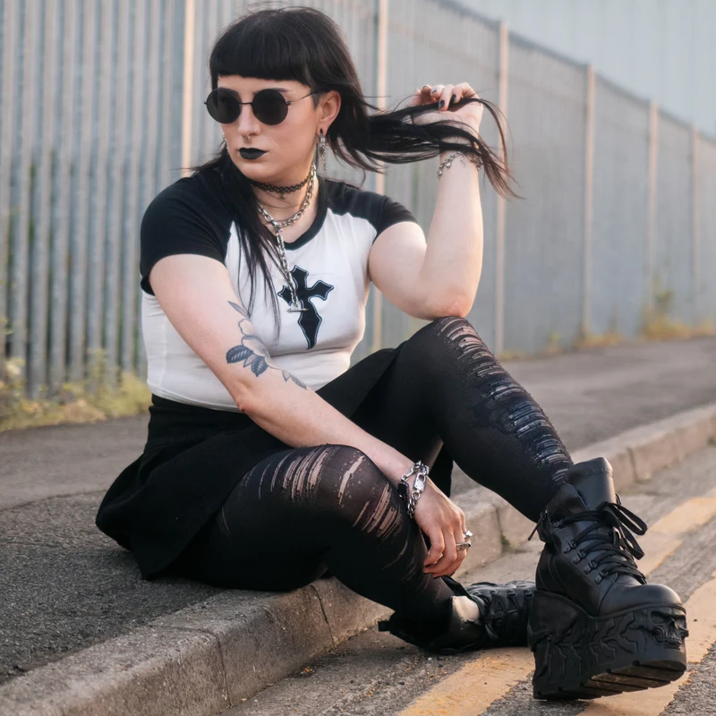 Mixed Denier Tights - Torn - Black