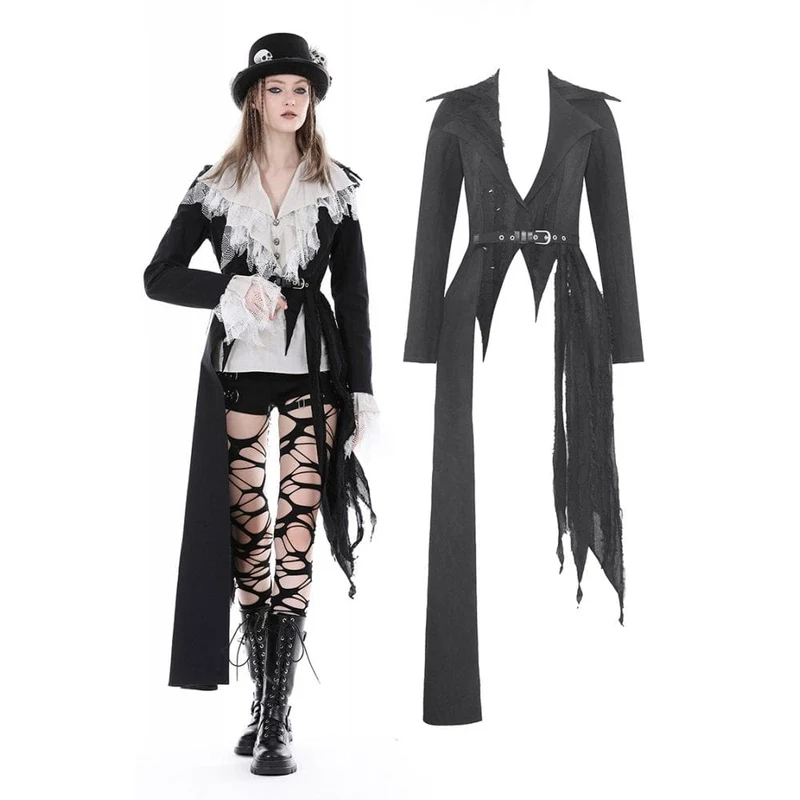 Punk Irregular Distressed Coat för kvinnor med bälte