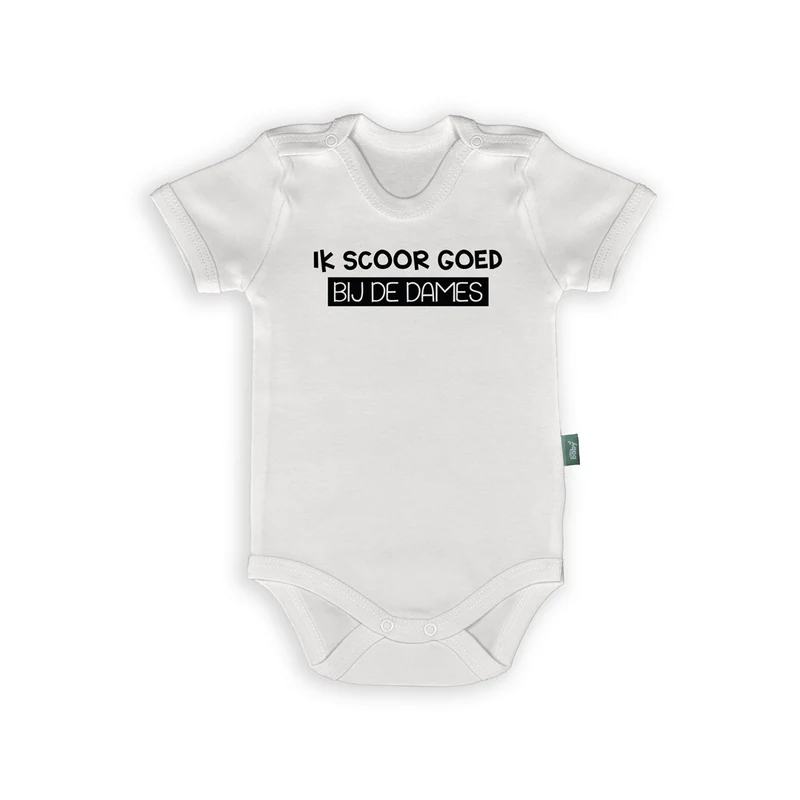 Rompertje met Tekst "Ik Scoor Goed Bij De Dames" – Grappige Babykleding voor Jongens & Cadeau Idee