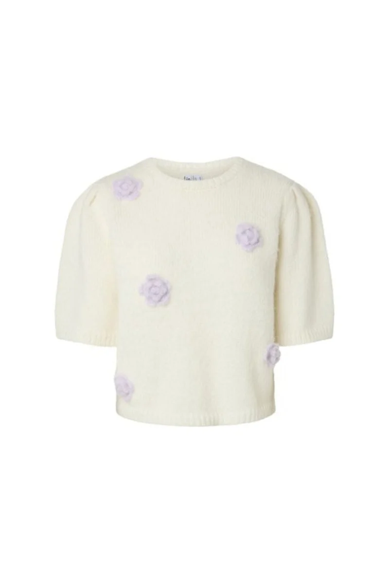 Pieces - Pcaya 2/4 O-Neck Knit - 5121428 Cloud Dancer Light Lilac Flowers