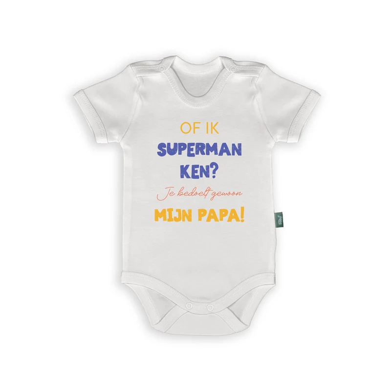 Superheld Papa Romper – Witte Romper met Tekst “Of ik Superman ken? Je bedoelt gewoon mijn papa!” – Grappig Cadeau voor Vaderliefde