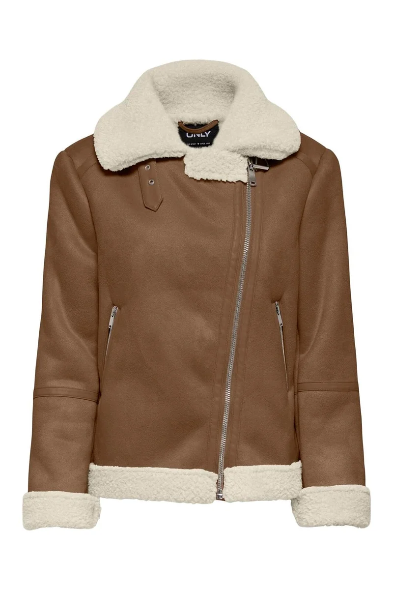 Only - Onlzen Bonded Biker Jacket Cc - 5100767 Sepia Teddy Bone White