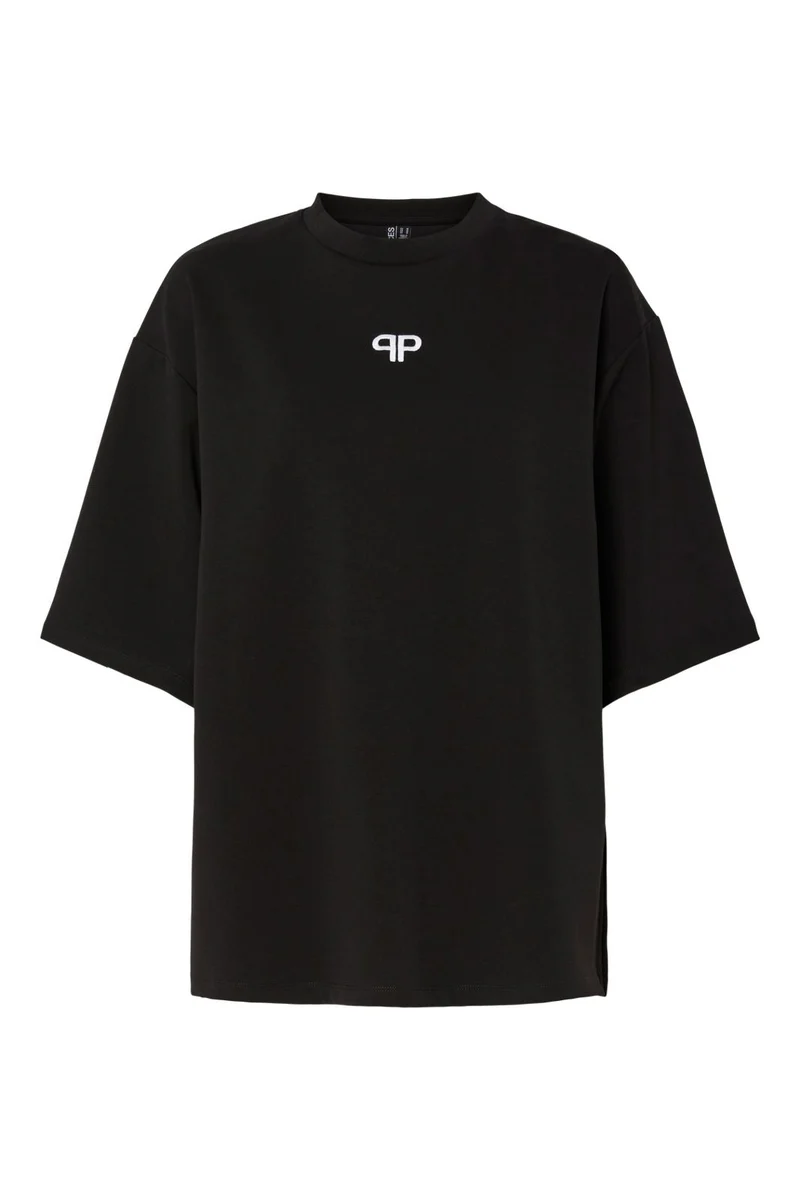 Pieces - Pcmuna Ss O-Neck Oversize Tee - 4864326 Black White Embroidery