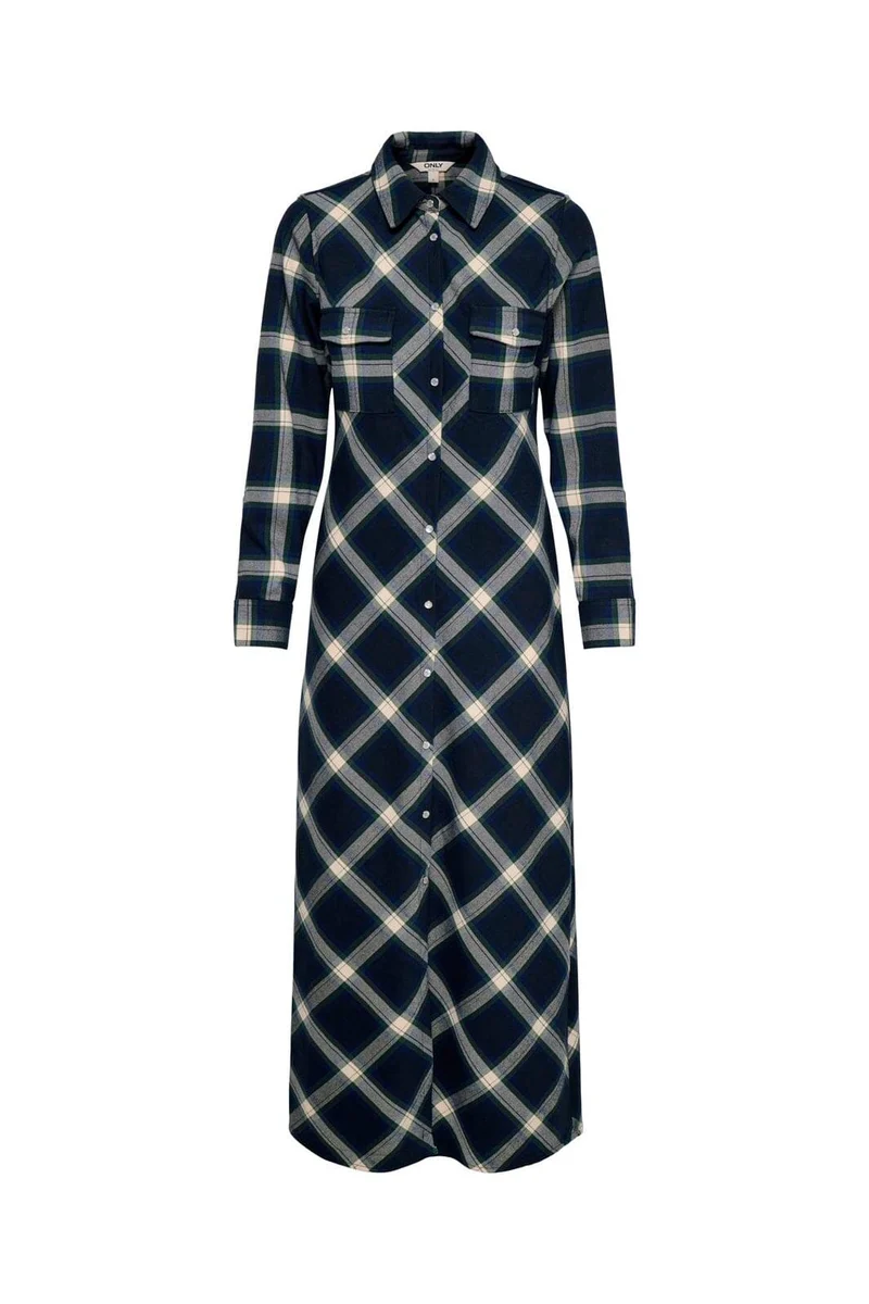 Only - Onlwren Check L/S Long Shirt Dress - 4970169 Night Sky Checked Fusion