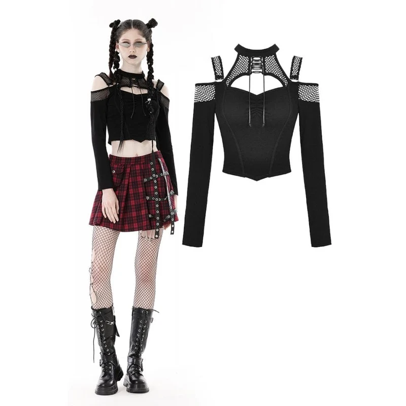 Punk Off Shoulder Mesh Splice Crop Top för kvinnor