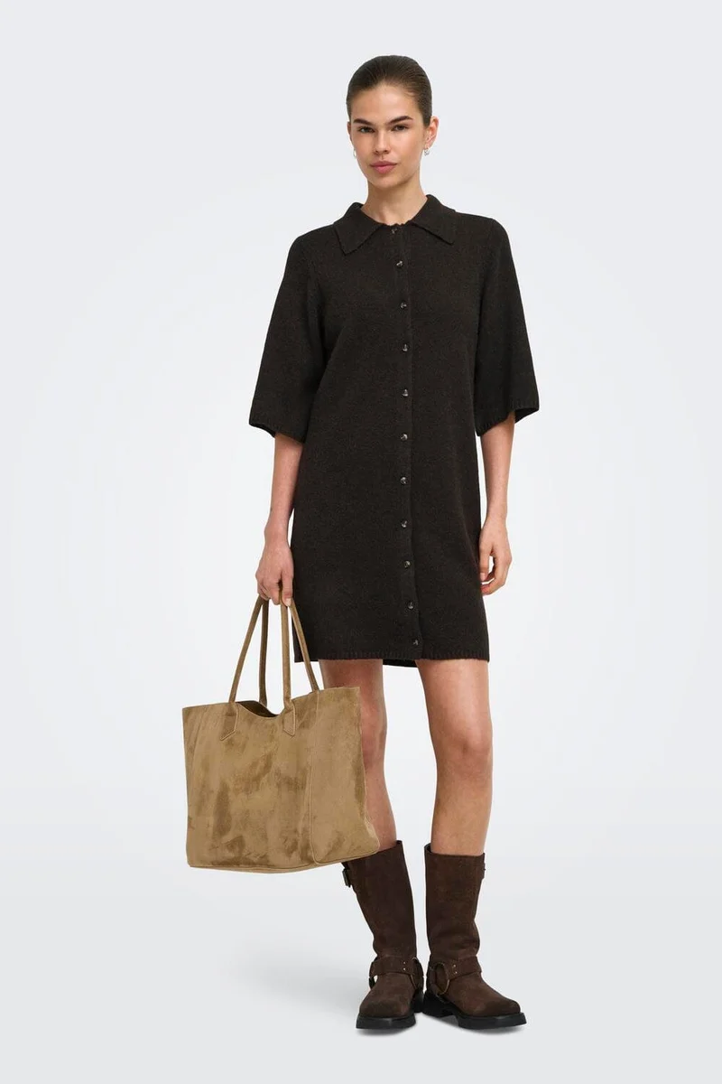 Only - Onlalivia 2/4 Collar Dress Knt - 5119241 Coffee Bean Dtm Button/Melange
