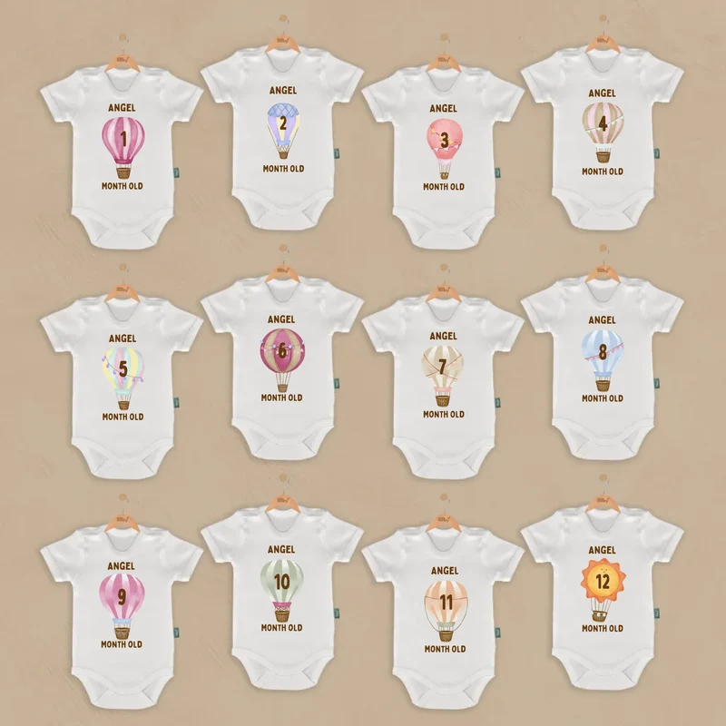 Whimsical Air Balloons - 12-delige Babymilestone Romper Set met Naam