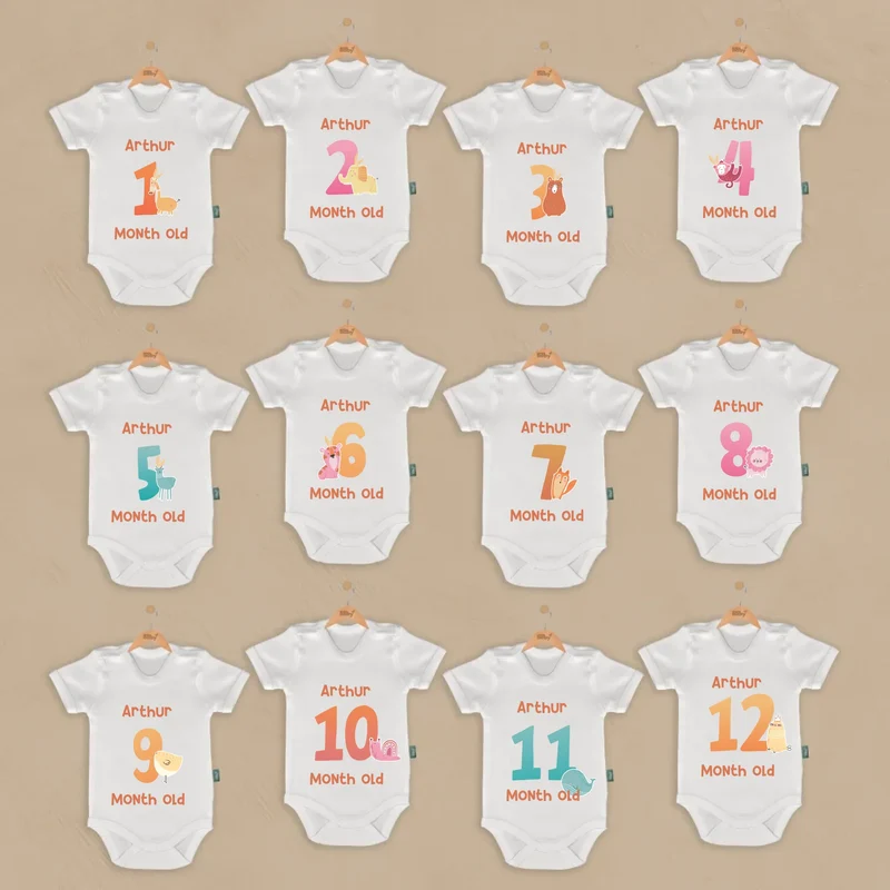 Colorful Zoo Friends - 12-delige Babymilestone Romper Set met Naam