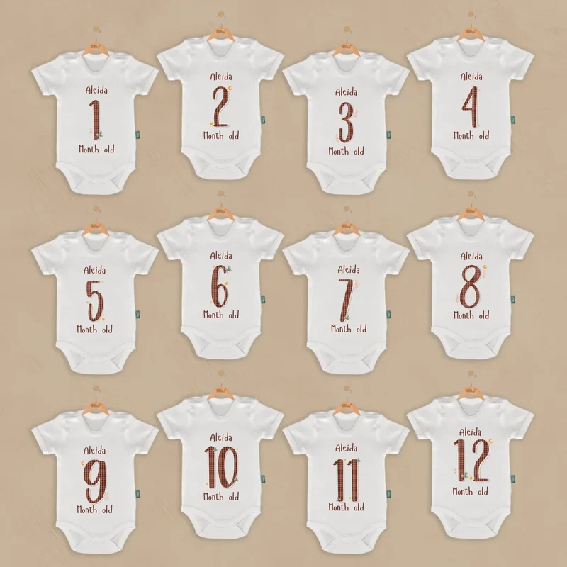 Storybook Grid Numbers - 12-delige Babymilestone Romper Set met Naam
