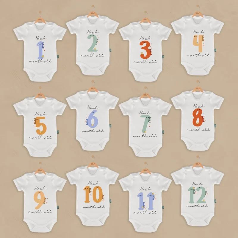 Lieve Dino Ontwerp - 12-delige Babymilestone Romper Set met Naam