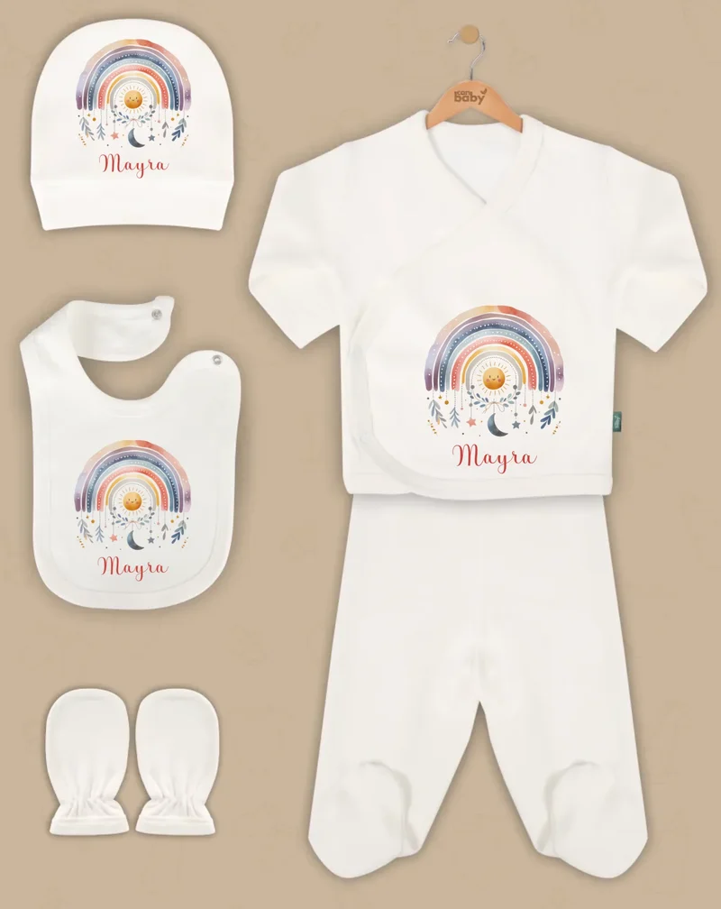 Kleurrijke regenboog - Goedkope 5-Delige Gepersonaliseerde Babykleding Cadeauset