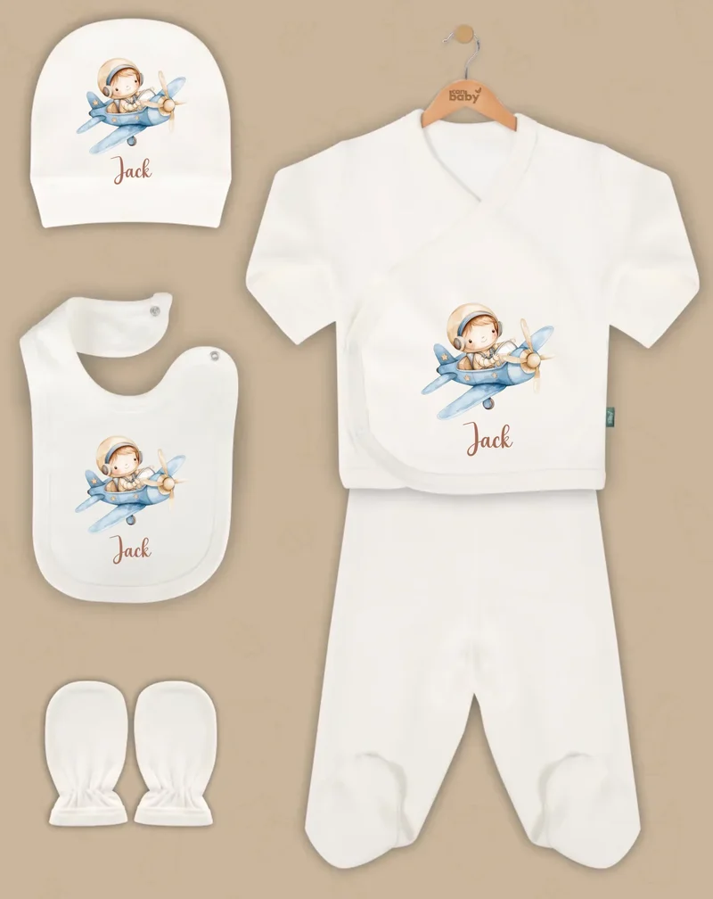 Vliegtuig - Goedkope 5-Delige Gepersonaliseerde Babykleding Cadeauset