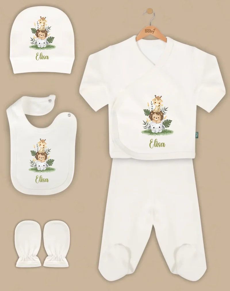 Safari dieren - Goedkope 5-Delige Gepersonaliseerde Babykleding Cadeauset