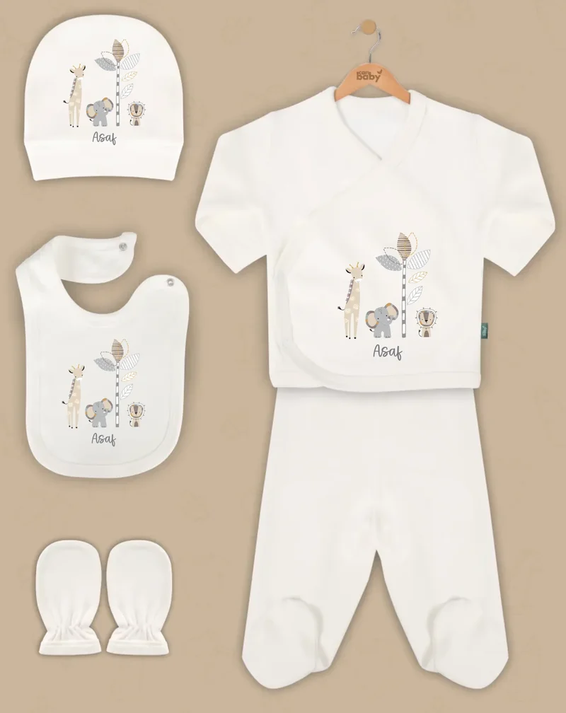 Safari Dieren - Goedkope 5-Delige Gepersonaliseerde Babykleding Cadeauset