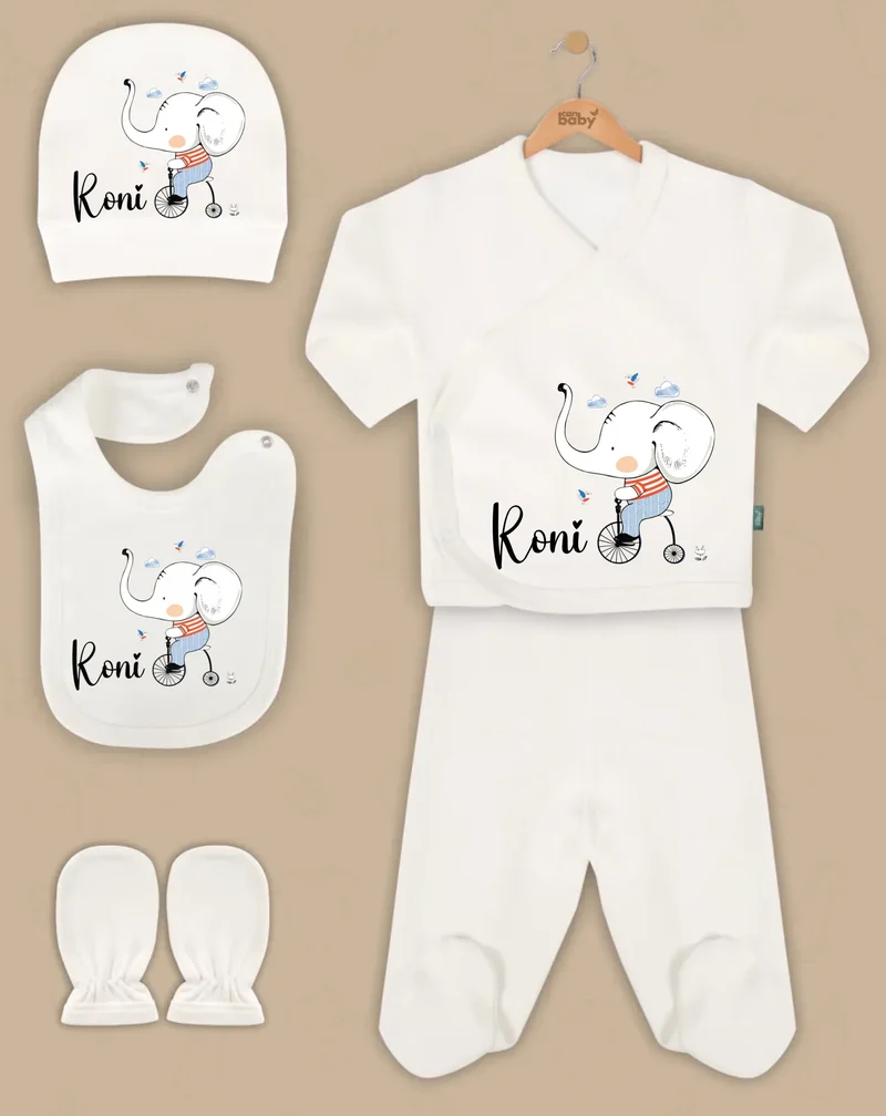 Olifant - Goedkope 5-Delige Gepersonaliseerde Babykleding Cadeauset