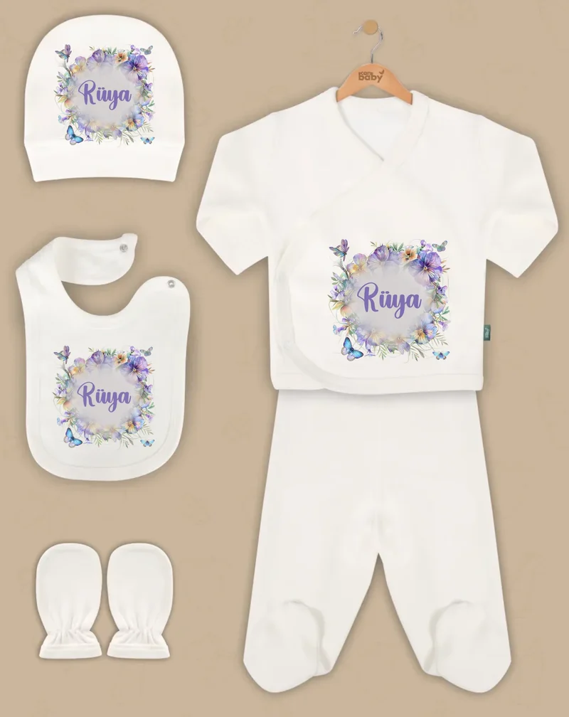 Bloemen - Goedkope 5-Delige Gepersonaliseerde Babykleding Cadeauset