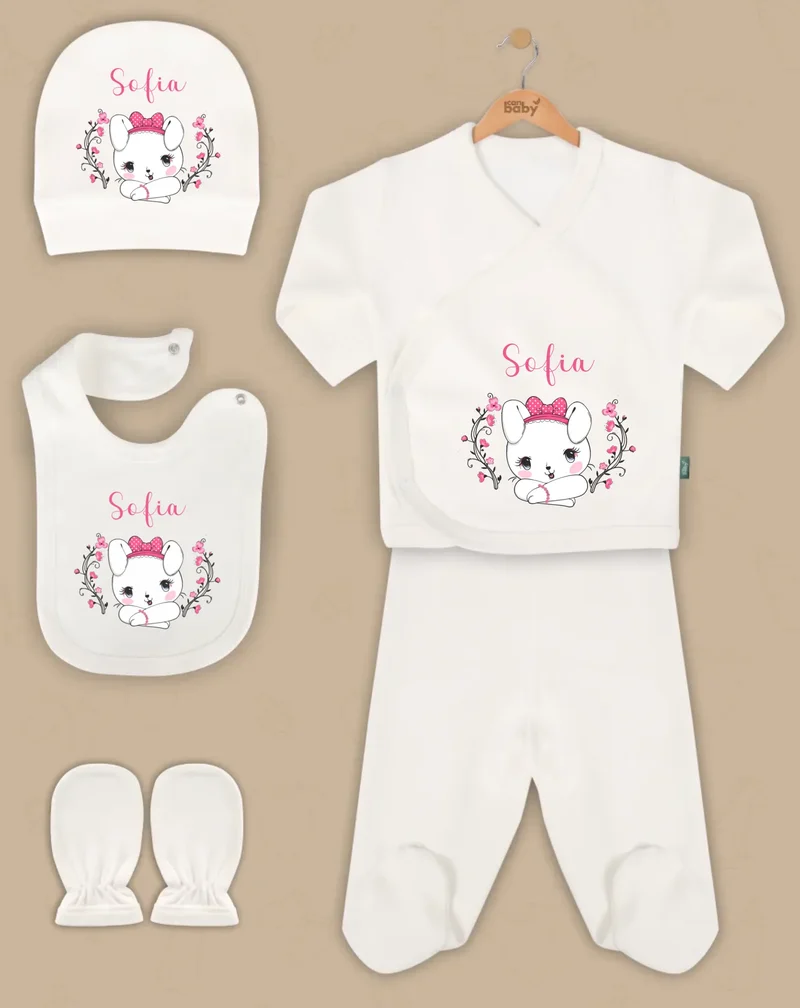 Strik Konijntje - Goedkope 5-Delige Gepersonaliseerde Babykleding Cadeauset
