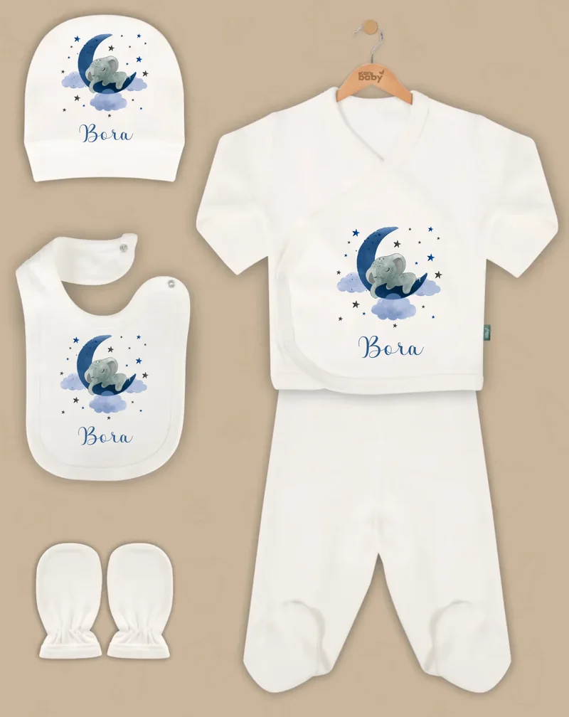 Blauwe en roze olifant - Goedkope 5-Delige Gepersonaliseerde Babykleding Cadeauset