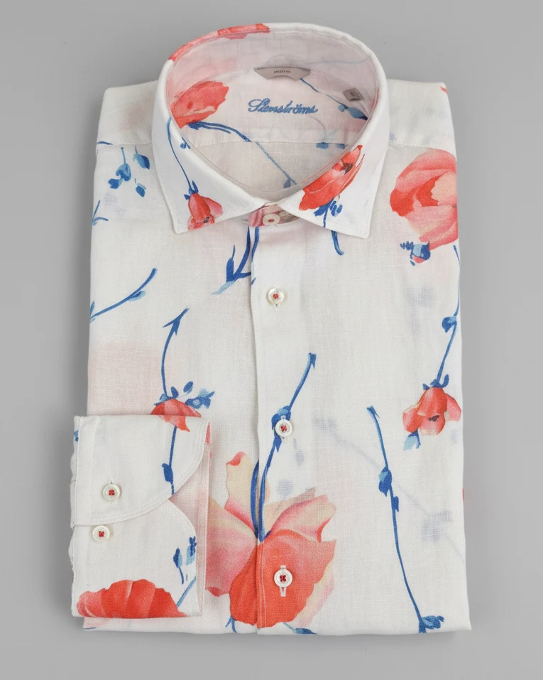 STENSTRÖMS Linen Floral Shirt Regular - White