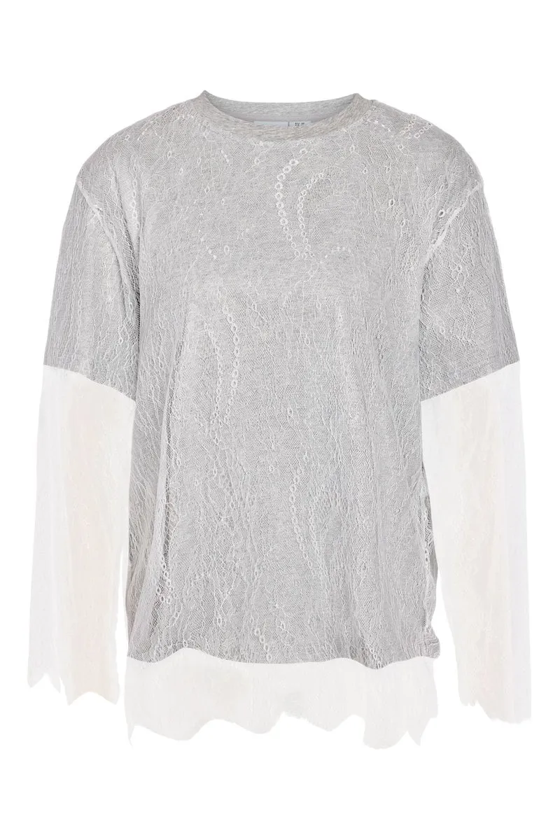 Noisy May - Nmbianka L/S Double Layer Lace Tee - 5123544 Light Grey Melange White Lace