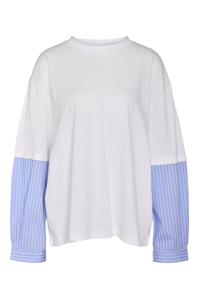 Noisy May - Nmfreja Belle L/S Mix Shirt - 5077861 Bright White Hydrangea Stripe Sleeves