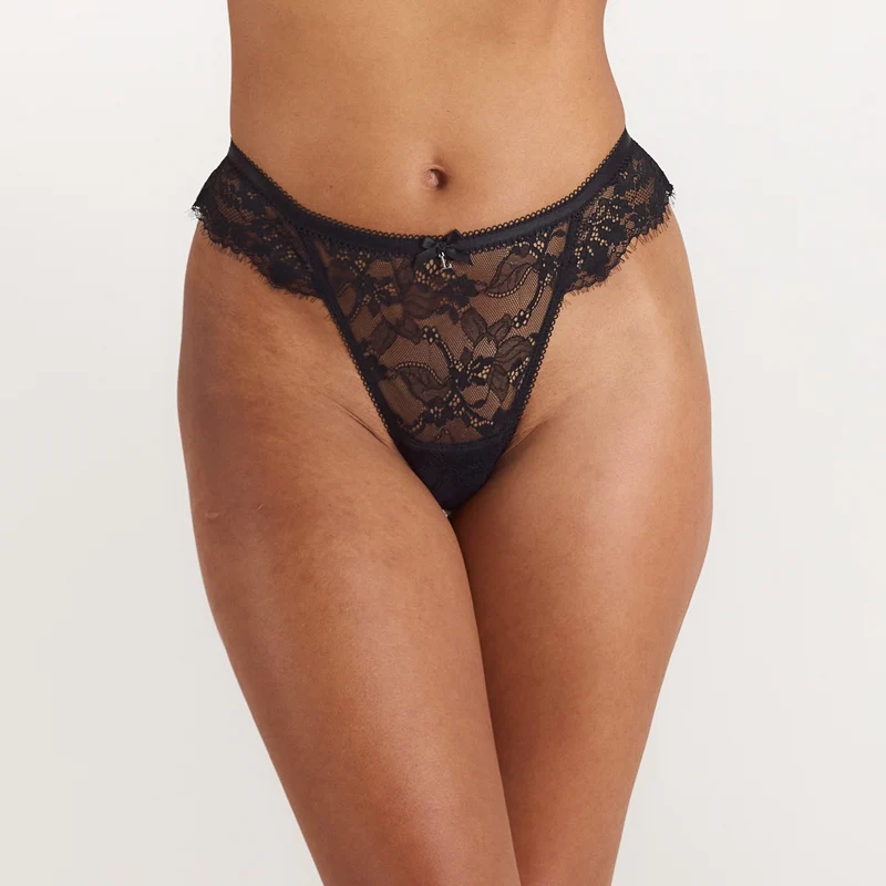 Lace Trim Stringtrosor - Svart
