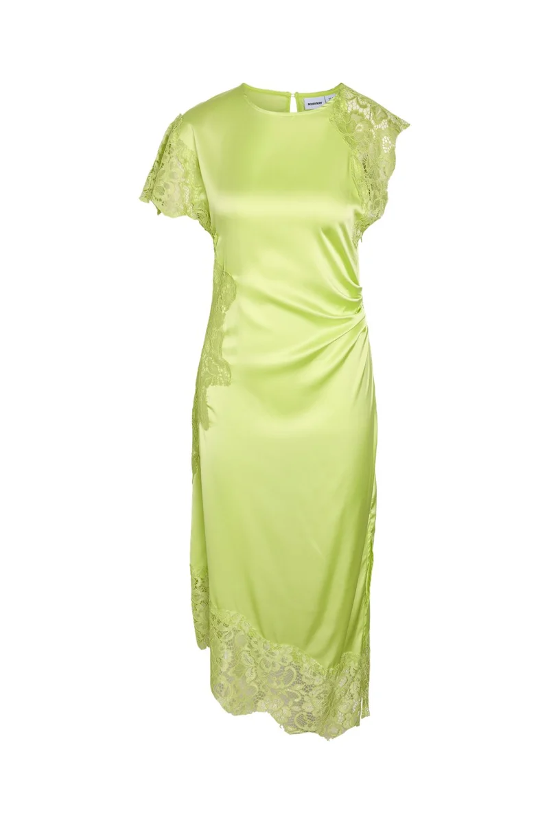 Noisy May - Nmwren S/S Satin Lace Long Dress - 5109589 Daiquiri Green